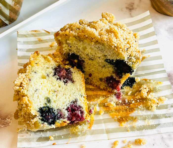 https://mirjamskitchenyodel.com very berry muffin cut in half top view