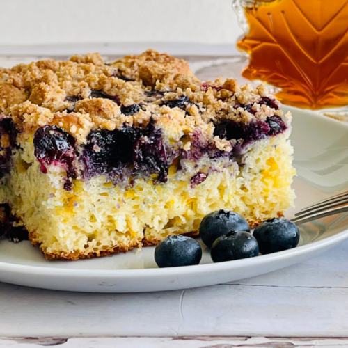 https://mirjamskitchenyodel.com blueberry pancake casserole close up from the side