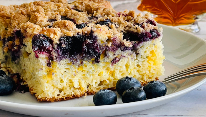 http://mirjamskitchenyodel.com blueberry pancake casserole close up from the side