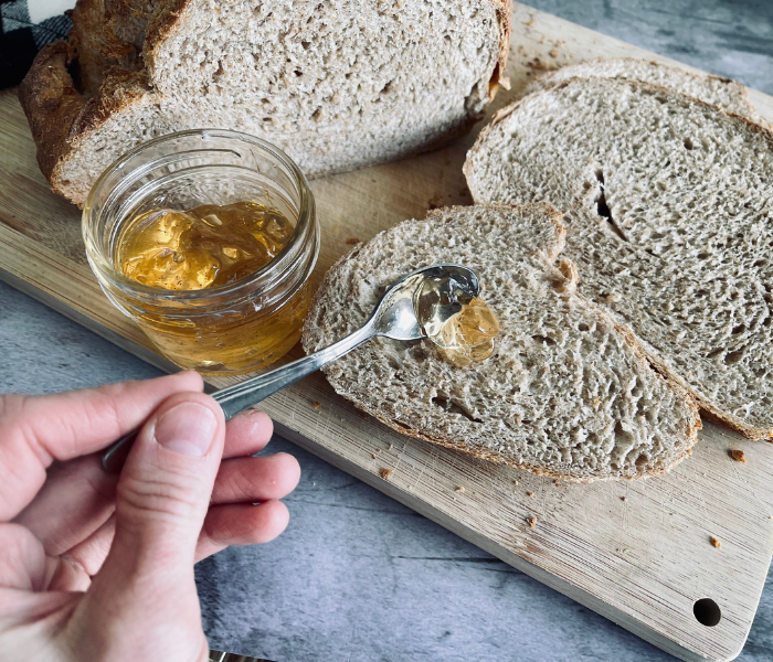 https://mirjamskitchenyodel.com folded bread - st. gallen brot putting jelly on bread