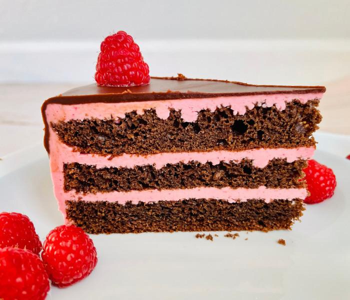 https://mirjamskitchenyodel.com chocolate raspberry cake slice close up