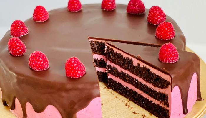 http://mirjamskitchenyodel.com chocolate raspberry cake one slice cut out