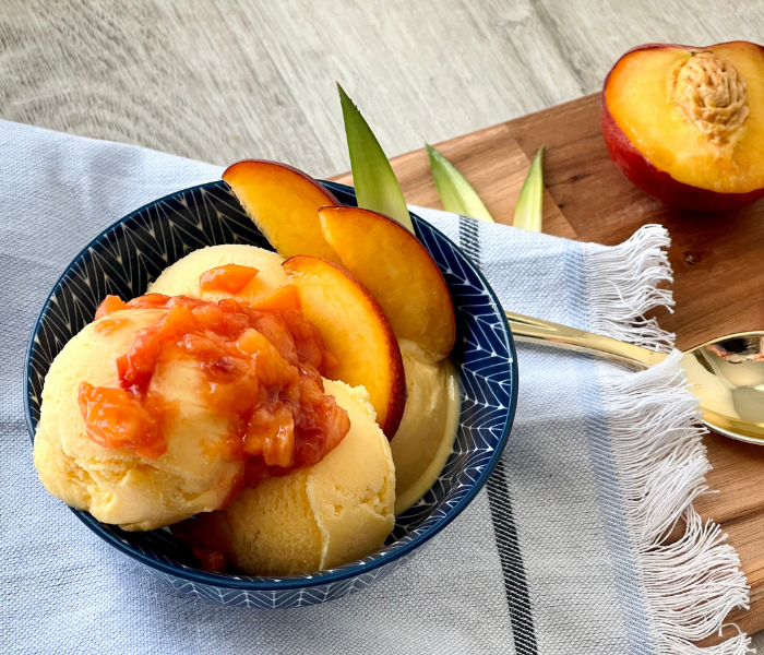 https://mirjamskitchenyodel.com peach ice cream with peach compote