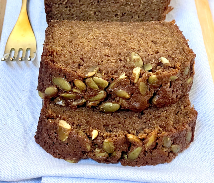 https://mirjamskitchenyodel.com two slices of pumpkin bread