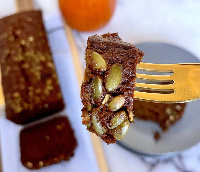 https://mirjamskitchenyodel.com piece of pumpkin bread on fork