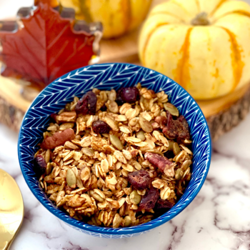 https://mirjamskitchenyodel.com fall pumpkin granola with maple and small pumpkin decoration