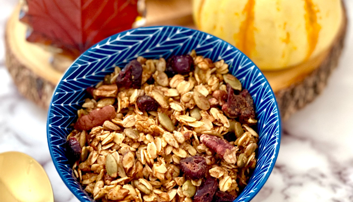 http://mirjamskitchenyodel.com fall pumpkin granola with maple and small pumpkin decoration
