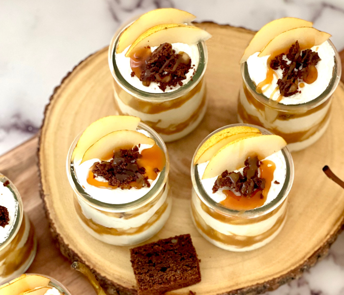 https://mirjamskitchenyodel.com four glasses of pear caramel trifle