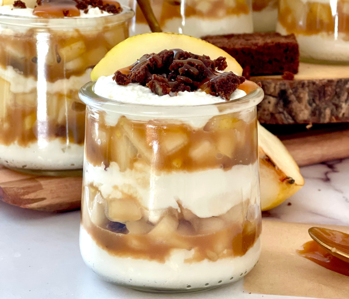 https://mirjamskitchenyodel.com pear caramel trifle close up