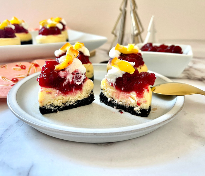 https://mirjamskitchenyodel.com mini holiday cheesecakes cut in half