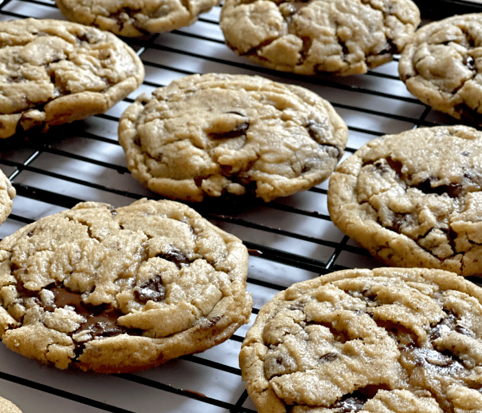https://mirjamskitchenyodel.com brown butter chocolate chip cookies close up