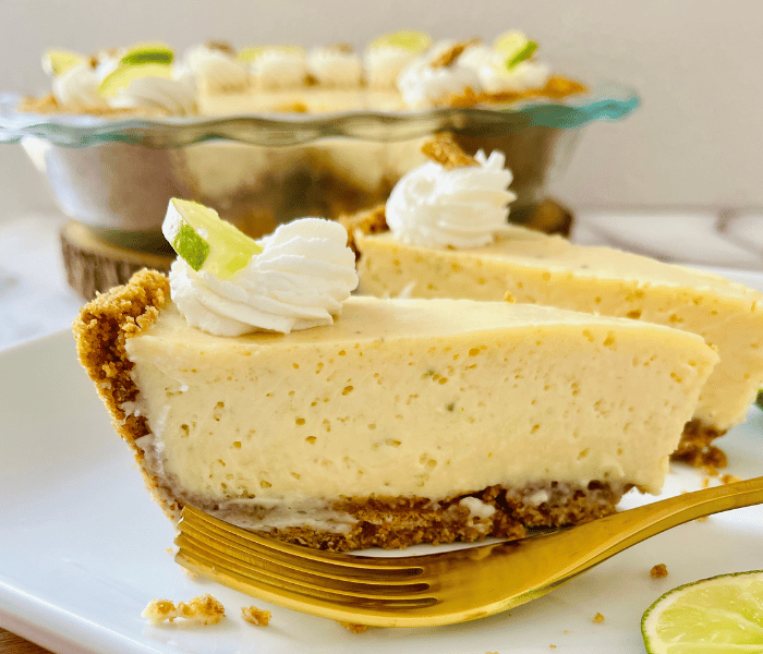 https://mirjamskitchenyodel.com slices of key lime pie close up