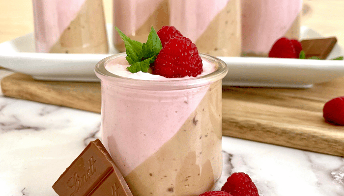 https://mirjamskitchenyodel.com chocolate & raspberry yogurt mousse close up