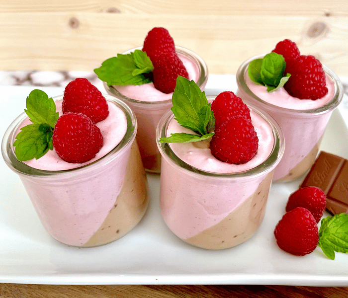 https://mirjamskitchenyodel.com chocolate & raspberry yogurt mousse on a white tray