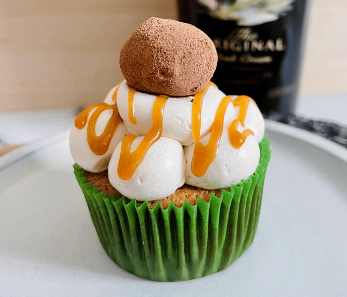 https://mirjamskitchenyodel.com cupcake topped with a baileys truffle